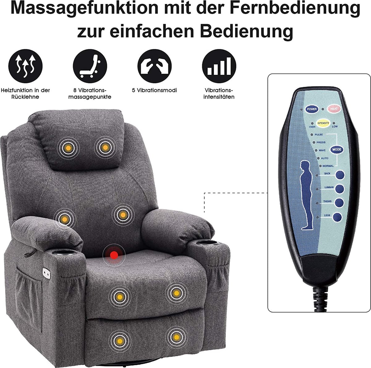 Afbeelding 3 van Monkey's Elektrische Massagestoel Grijs Kantelbaar met