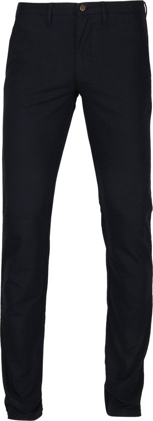 Donkerblauwe chino broek met knoopsluiting en riemlussen.