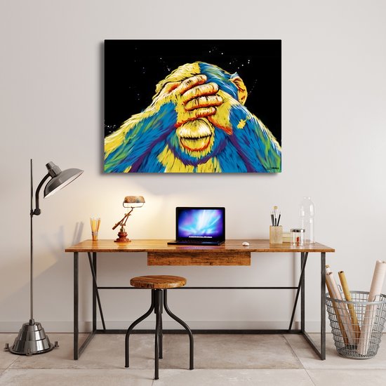 Kanwall - Schilderij - Luxe Shy Monkey Woonkamer Slaapkamer Aap Kleur Art ** Dik! Effect** - Zwart, Blauw En Geel - 75 X 100 Cm