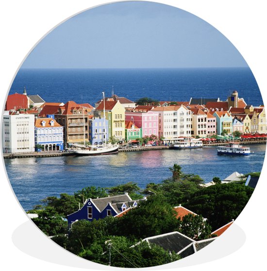 WallCircle - Wandcirkel ⌀ 140 - Uitzicht op de huizen van Willemstad in Curaçao - Ronde schilderijen woonkamer - Wandbord rond - Muurdecoratie cirkel - Kamer decoratie binnen - Wanddecoratie muurcirkel - Woonaccessoires