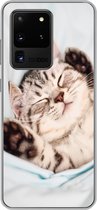 Geschikt voor Samsung Galaxy S20 Ultra hoesje - Kitten - Bed - Poten - Meisjes - Kinderen - Jongens - Kind - Siliconen Telefoonhoesje