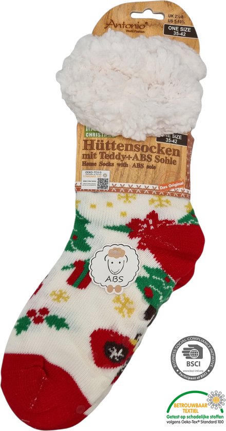 Antonio Huissokken - Huissokken Kerstboom - Rood Wit - Dames - Antislip ABS - One Size (35-42) - Hüttensocken - Warme Sokken - Warme Huissok - Kerstcadeau voor vrouwen