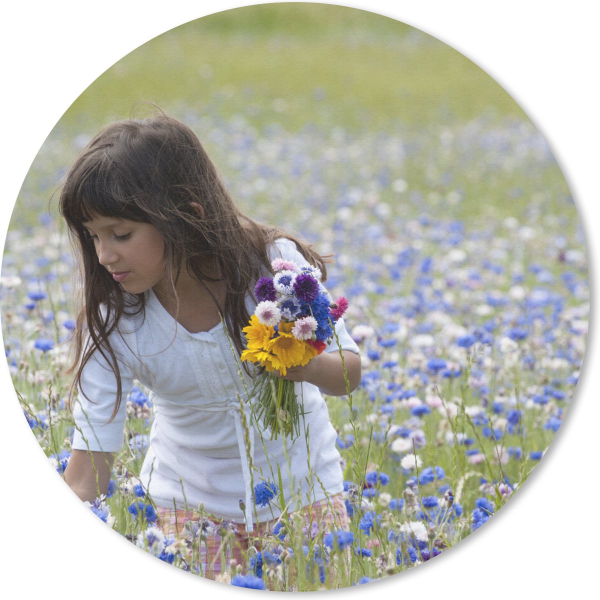 Muismat rond 40x40 cm - Mousepad Meisje - Bloemen - Weide - Ronde muismatten