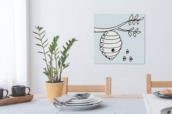 Illustration de bande dessinée d'abeilles et d'une toile de ruche 50x50 cm - Tirage photo sur toile (décoration murale salon / chambre) / Animaux sauvages Peintures sur toile