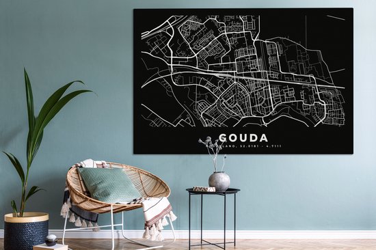 Toile Peinture Carte - Gouda - Zwart - 180x120 cm - Décoration murale XXL