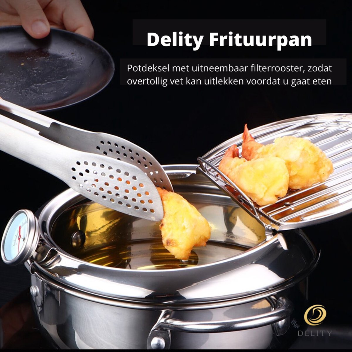 Frituurpan, Japanse Tempura friteuse pan met thermometer, RVS Tempura