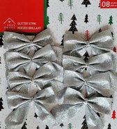 8 Kerststrikken zilver voor kerstboom of kerstkrans versiering - decoratie strikjes glitter