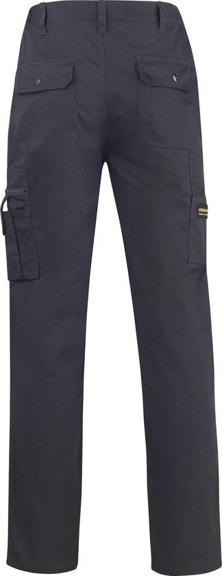 Donkergrijze herenwerkbroek met twee achterzakken, cargozakken en een D-ring detail.