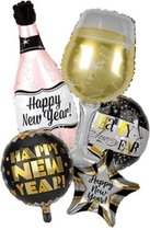 Luxe Folie Ballonnen Set XL Oud en Nieuwjaar - 5 folieballonnen & 10 latex ballonnen met lint en rietje - Happy Newyear Helium ballon Nieuwjaar party Zwart en goud Nieuwjaar decora