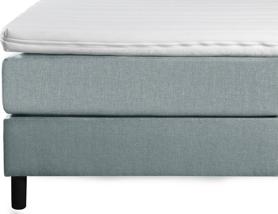 Zij-aanzicht van een ijsblauw boxspringbed, bestaande uit twee boxen en een matras met topper.
