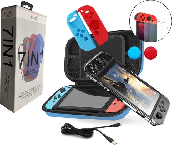 Playcorner Starterkit Accessoires Set met Case geschikt voor Nintendo Switch - Screenprotector - Hoes - Oplader - Blauwe Case