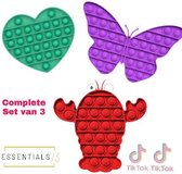 ESSENTIALS73 Fidget Pop It Set van 3: Hart + Kreeft + Vlinder - Tiktok - Lobster - Butterfly