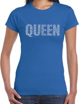 Glitter Queen t-shirt blauw met steentjes/ rhinestones voor dames - Glitter kleding/ foute party outfit S