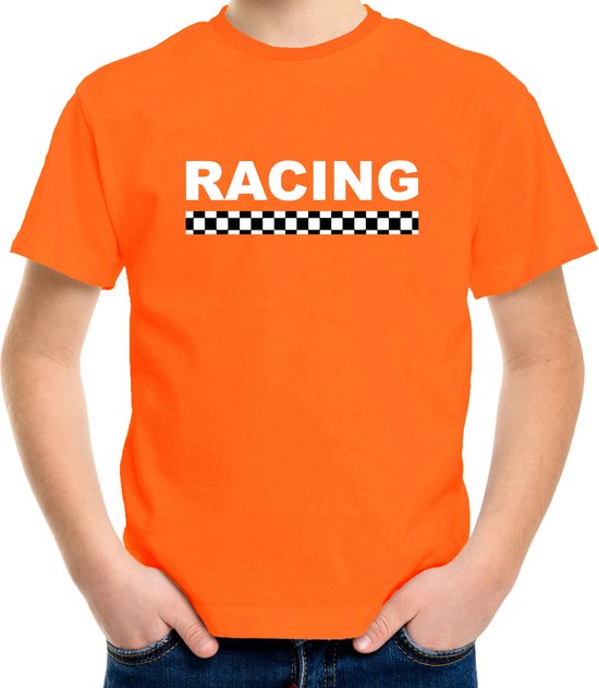 Racing coureur supporter / finish vlag t-shirt oranje voor kinderen - race autosport / motorsport thema / race supporter / finish vlag 134/140