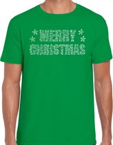 Glitter kerst t-shirt groen Merry Christmas glitter steentjes/ rhinestones   voor heren - Glitter kerst shirt/ outfit XL