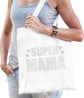 Glitter Super Mama katoenen tas wit met steentjes/ rhinestones voor dames - Moederdag cadeau / verjaardag tassen - kado /  tasje / shopper