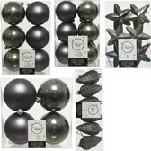 Kerstversiering kunststof kerstballen/hangers antraciet grijs 6-8-10 cm pakket van 62x stuks - Kerstboomversiering