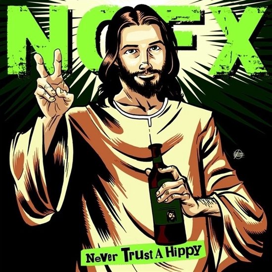 Illustratie van Jezus met lang bruin haar, een gebroken witte jurk, die een fles vasthoudt en vrede toont. NOFX - Vertrouw nooit een hippie.