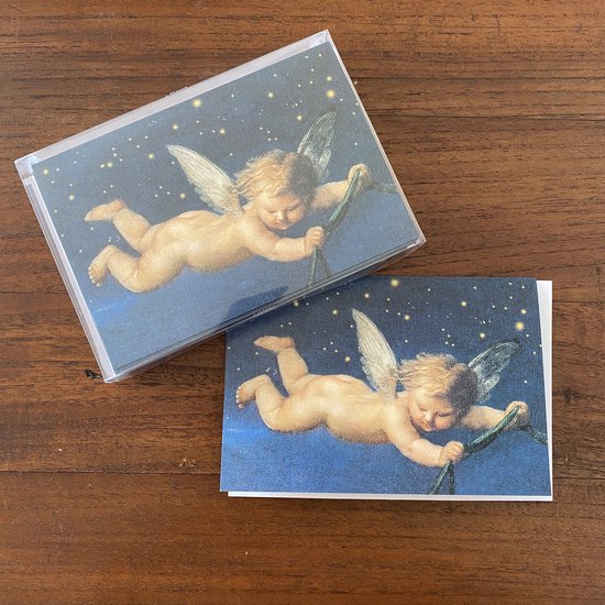 Een set van 8 religieuze kerstkaarten met een engel op een sterrenhemel.