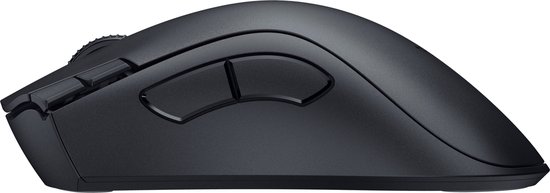 Zijaanzicht van de zwarte Razer Deathadder V2 X HyperSpeed gamingmuis, met de extra programmeerbare knoppen.