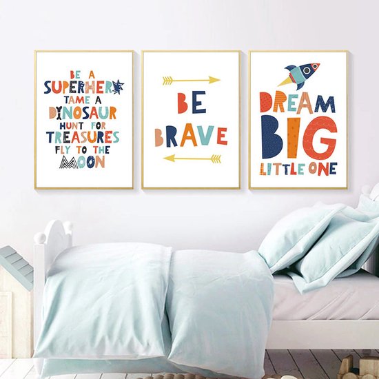 Dream Big / Be Brave | A4 Formaat | 3 Stuks | Kinderkamer Decoratie Jongens | Jongens Kamer Decoratie | Posters | Wanddecoratie | Kinder Posters