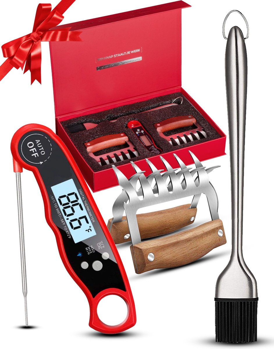 Rednas BBQ Accessoires Giftbox - BBQ Thermometer/Vleesthermometer - Vleesklauwen - Marinade Kwast - BBQ Gereedschap - RVS
