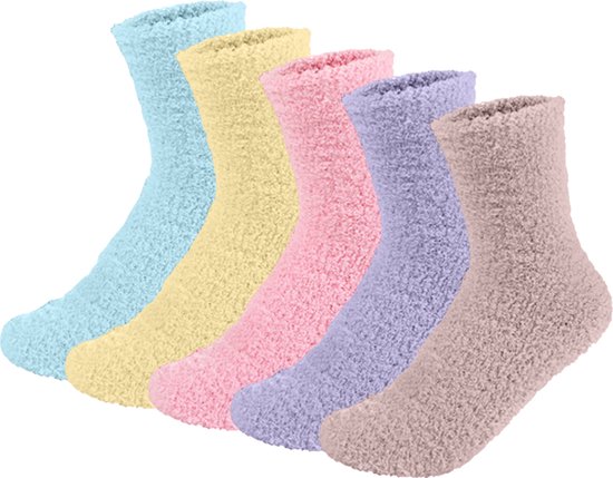 Fluffy Sokken Dames - 5 Paar Happy Kleuren - One Size maat 36-41 - Huissokken - Badstof - Dikke Wintersokken - Cadeau voor haar - Housewarming - Verjaardag - Vrouw
