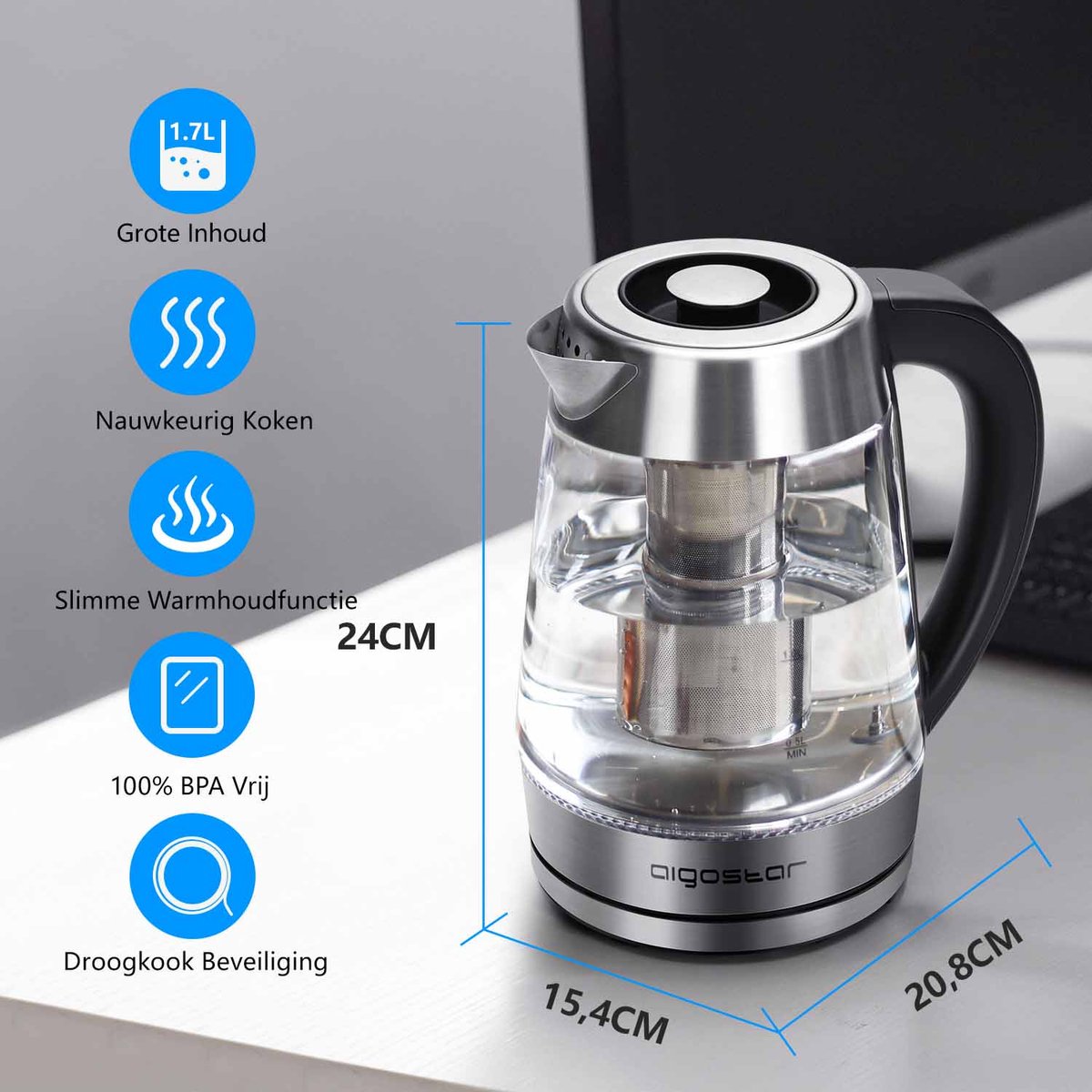Aigostar Cris - Waterkoker met Temperatuurregeling en Warmhoudfunctie - Glas - 1,7L - 2200W - LED Verlichting - Inclusief Theefilter — afbeelding 5