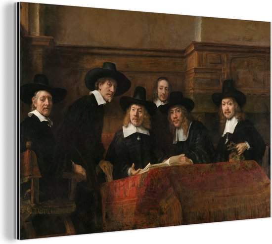 De staalmeesters - Schilderij van Rembrandt van Rijn Aluminium 120x80 cm - Foto print op Aluminium (metaal wanddecoratie)