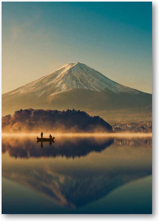 Mount Fuji bij Kawaguchimeer - Zonsopkomst - A4 Poster Staand - 21x30cm - Minimalist - Landschap - Natuur