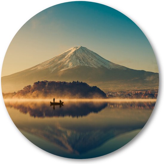 Mount Fuji bij Kawaguchimeer - Zonsopkomst - Muurcirkel Forex 60cm - Wandcirkel voor binnen - Minimalist - Landschap - Natuur
