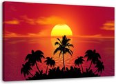 Trend24 - Canvas Schilderij - Zonsondergang En Palmbomen - Schilderijen - Landschappen - 90x60x2 cm - Roze
