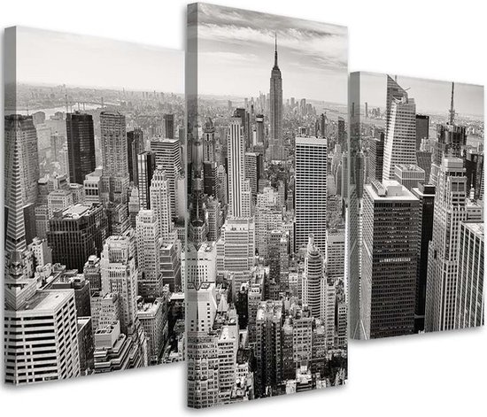 Trend24 - Canvas Schilderij - Manhattan - Drieluik - Steden - 60x40x2 cm - Grijs