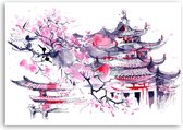 Trend24 - Canvas Schilderij - Japan Aquarel - Schilderijen - Steden - 120x80x2 cm - Roze
