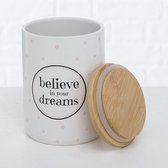 voorraadpot met tekst believe in your dreams  roze/wit . 14x19cm Boltze