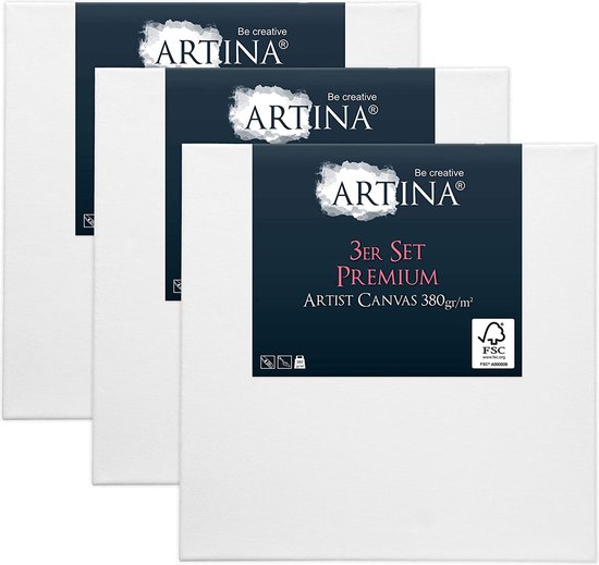 Artina Set van 3 Schildersdoeken 40x40 cm - FSC® Schildersdoek 3 Stuks - Premium Canvas Dubbel Geprimed Spieraam Wit