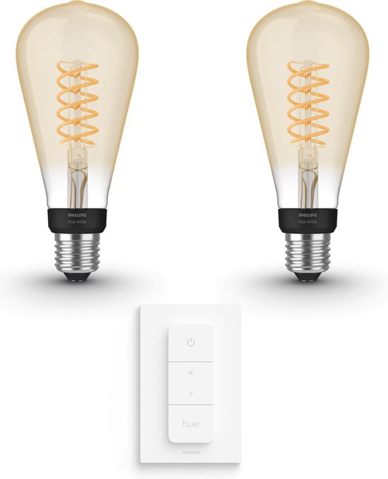 Philips Hue White Filament Edison Groot E27 Uitbreidingspakket - 2 Hue Lampen en Dimmer Switch - Warmwit Licht - Dimbaar