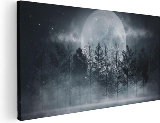 Artaza Canvas Schilderij Maan tussen de Bomen in de Nacht - 80x40 - Foto Op Canvas - Canvas Print