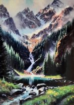 Denza - Diamond painting waterval 40 x 50 cm volledige bedrukking ronde steentjes direct leverbaar - bergen - water val - rotsen - dennen bomen - rivier - waterfall -