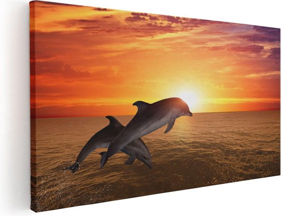 Artaza Canvas Schilderij Twee Dolfijnen bij de Zonsondergang - 40x20 - Klein - Foto Op Canvas - Canvas Print