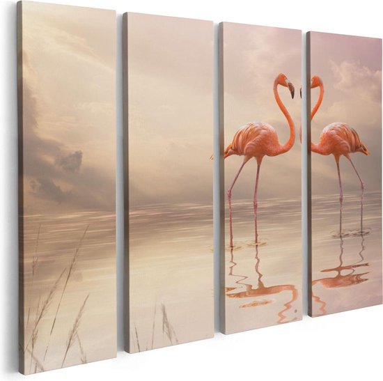 Artaza Canvas Schilderij Vierluik Twee Flamingo's in een Hartjes Vorm  - 80x60 - Foto Op Canvas - Canvas Print