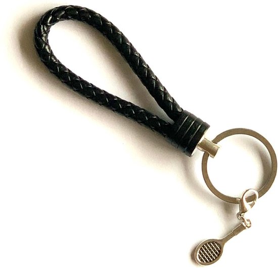 Foto: Sleutelhanger zwart badminton racket dubbel single shuttle sport hanger leer sportsieraad sieraden