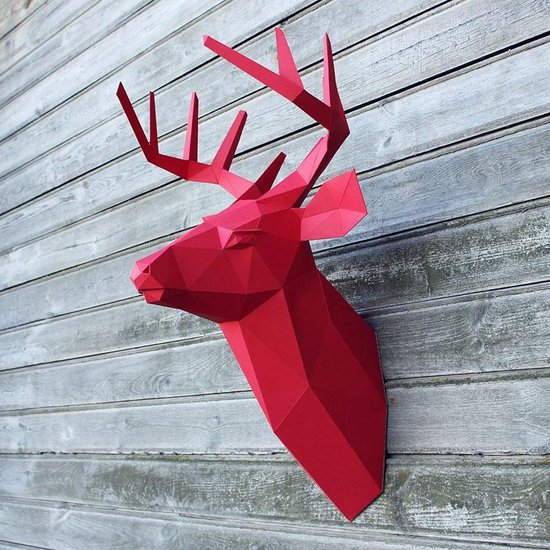 Foto: 3d papercraft kit deer head compleet knutselpakket hertenkop met snijmat liniaal vouwbeen mesje 50 cm rood