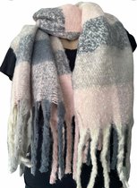 Lange Warme Sjaal- Omslagdoek - Geblokt - Gemêleerd - Roze - Grijs - 180 x 50 cm (BC4)