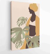 Canvas schilderij - Woman portrait post with monstera leaf wall art vector set. boho earth tone line art drawing with abstract shape. 4 -    – 1870239397 - 80*60 Vertical