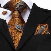 Luxe goud / blauwe stropdas paisleymotief met pochet en manchetknopen