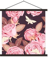 Posterhanger incl. Poster 40x40 cm - Schoolplaat - Rozen - Bloemen - Roze - Textielposter - Zwarte latten
