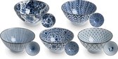 exclusief Japans servies soepkom, rijstkom, bestaande uit {set van 5 kommen assorti } hoogte 9 cm diameter 18 cm inhoud 900 cc kleuren blauw wit.