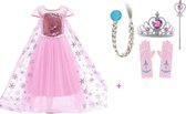 Prinsessenjurk meisje - Frozen jurk - Elsa -  Prinsessen Verkleedkleding  - maat 146/152 - Roze - Handschoenen - Elsa Vlecht - Toverstaf - Tiara
