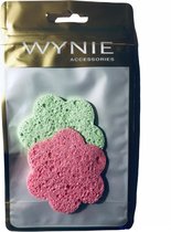 Wynie - 2 Gezichtsreiniging Spons / Facial Pad - Roze/Groen - Bloem - In blisterverpakking
